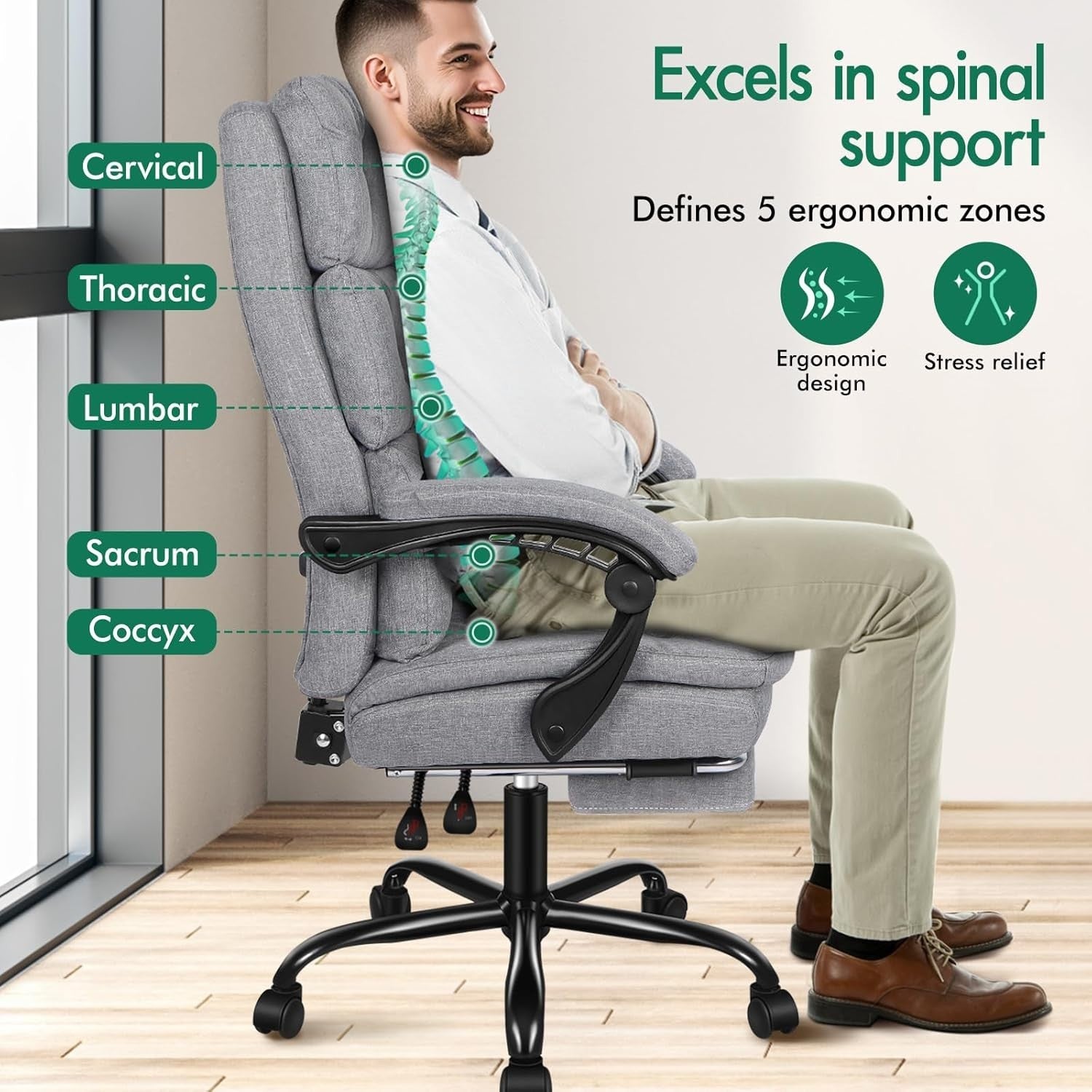 Executive Ergonomic Office Chair Recliner Footrest Swivel 180kg Max Weight Grey