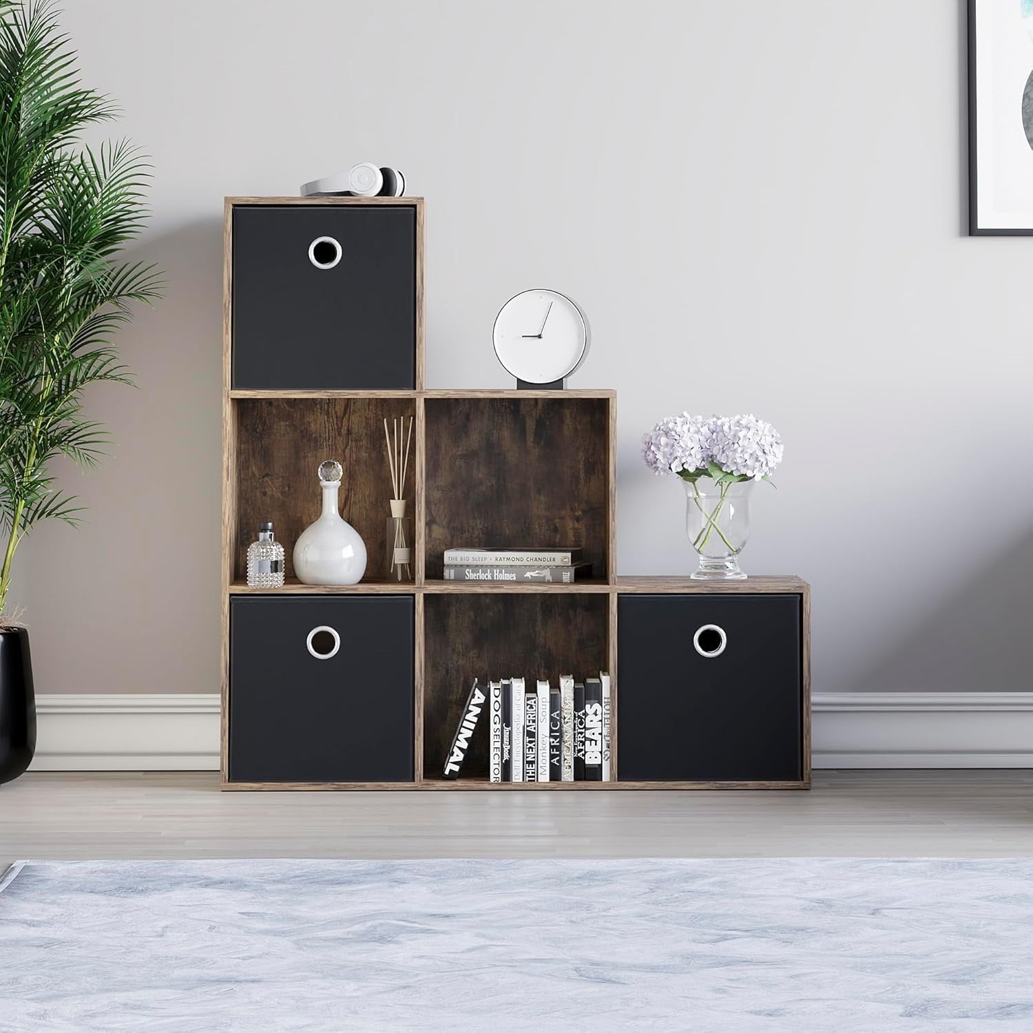 6 Cube Dark Wood Staircase Storage Shelf with 3 Black Baskets – Sturdy Organiser