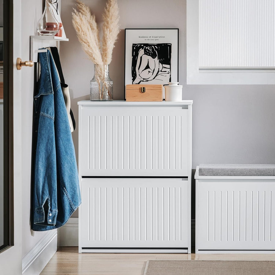 Slim Shoe Storage Cabinet – 2 Flip Drawers, Narrow Hallway Unit, White MDF