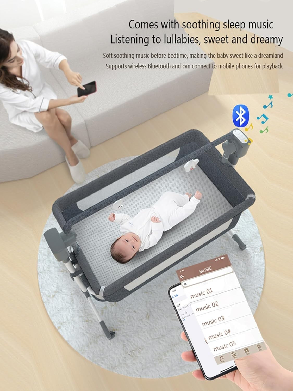 Smart Baby Bedside Crib with Music, Remote, Adjustable Height & Swing Khaki