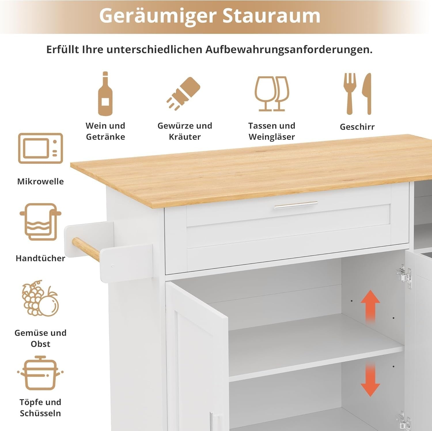 Large Mobile Kitchen Island Cart with Foldable Oak Countertop & Storage