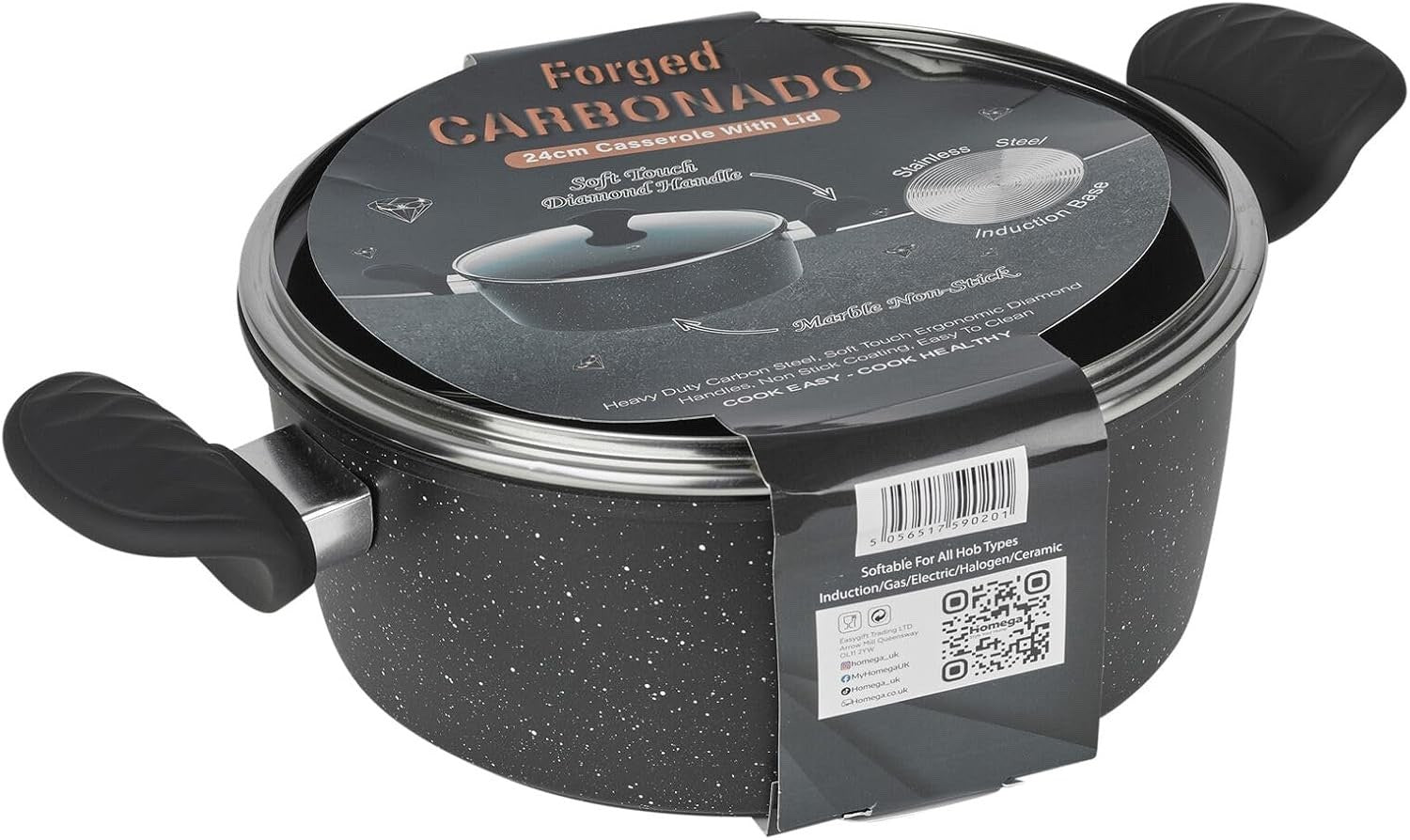 24cm Non Stick Casserole with Soft Touch Handle Black Marble Coating