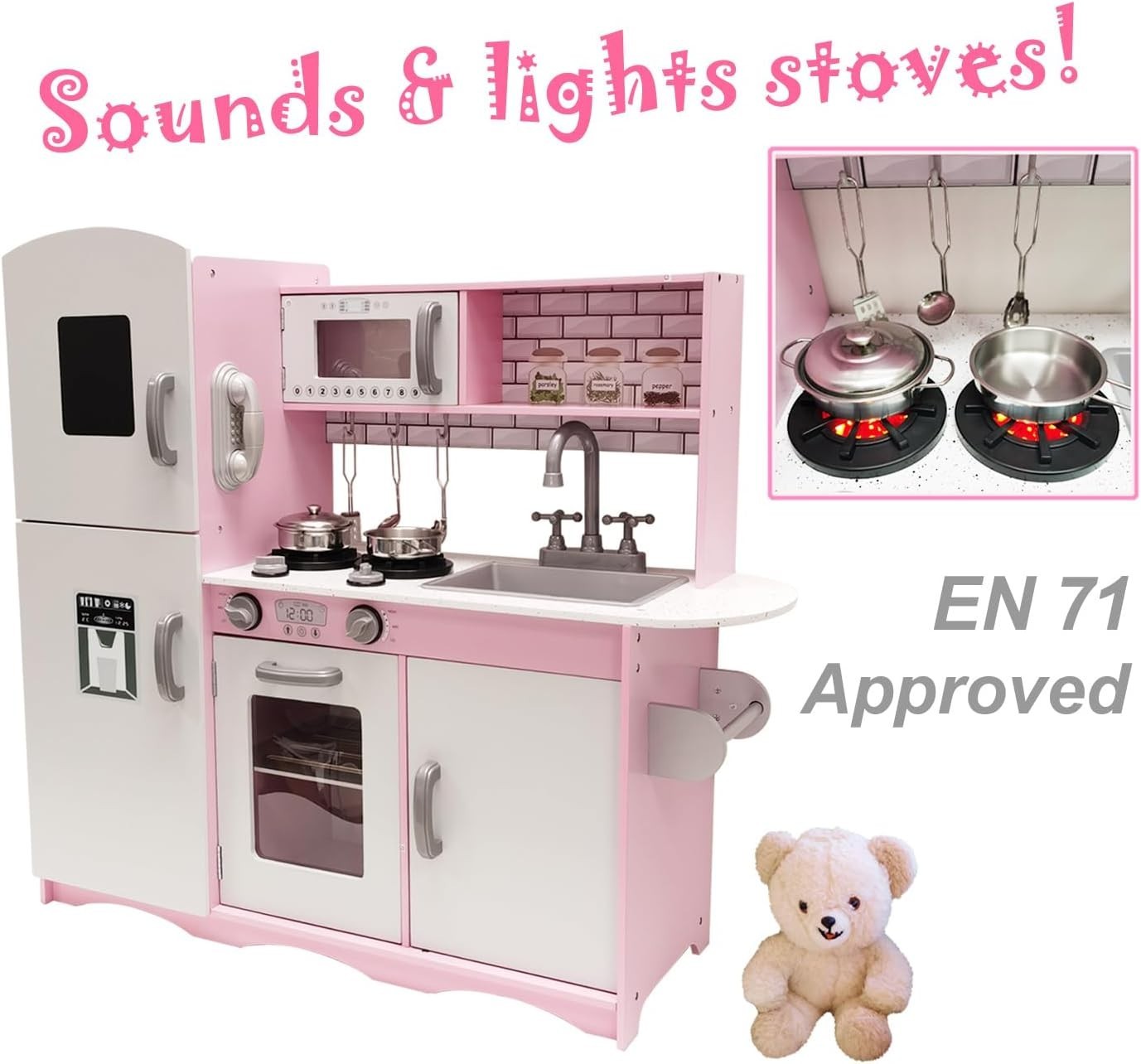Large Wooden Kids Play Kitchen Lights Sounds Toy Set Microwave Fridge