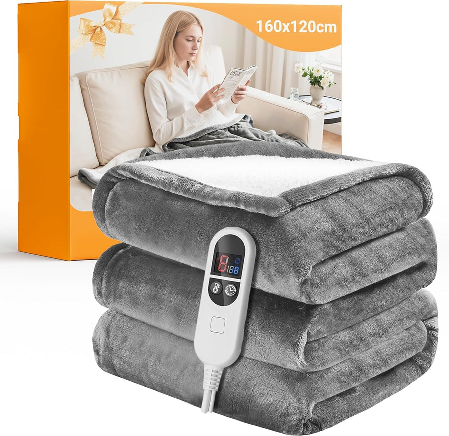 Electric Heated Throw Blanket Grey Flannel Fleece 160x120cm 6 Heat Timer