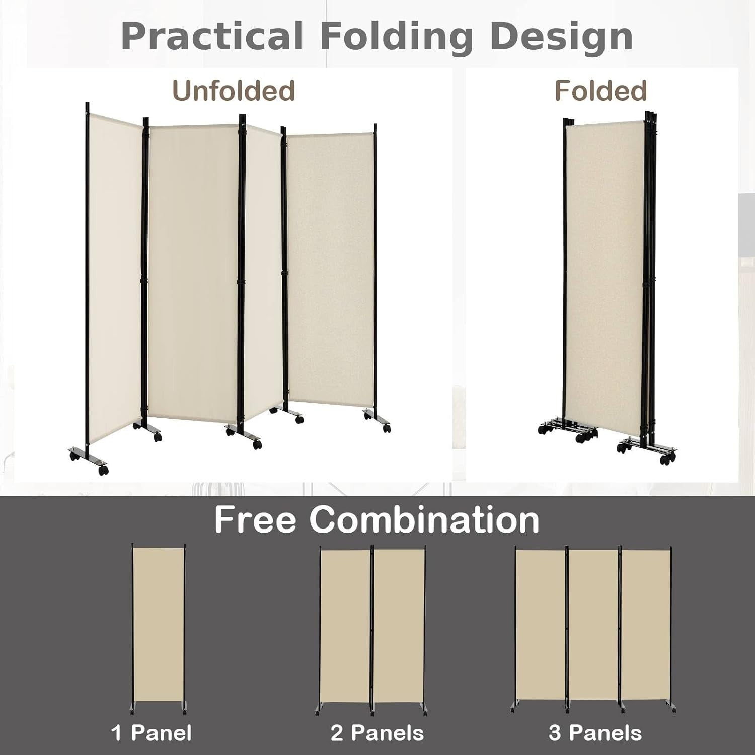 4-Panel White Folding Room Divider 224x30x172cm Privacy Screen Partition