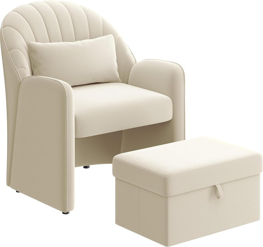 Velvet Tub Chair with Storage Ottoman & Lumbar Pillow | Modern Accent Seat