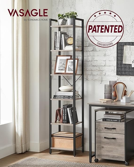 6-Tier Industrial Bookshelf Slim Greige Metal Wood Tall Storage Unit
