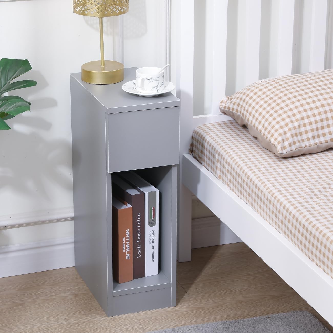 Slim Grey Bedside Table with Drawer & Shelf, Modern Narrow Nightstand Storage