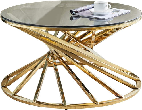 Golden Round Glass Coffee Table with Stainless Steel Spiral Frame 80x43cm