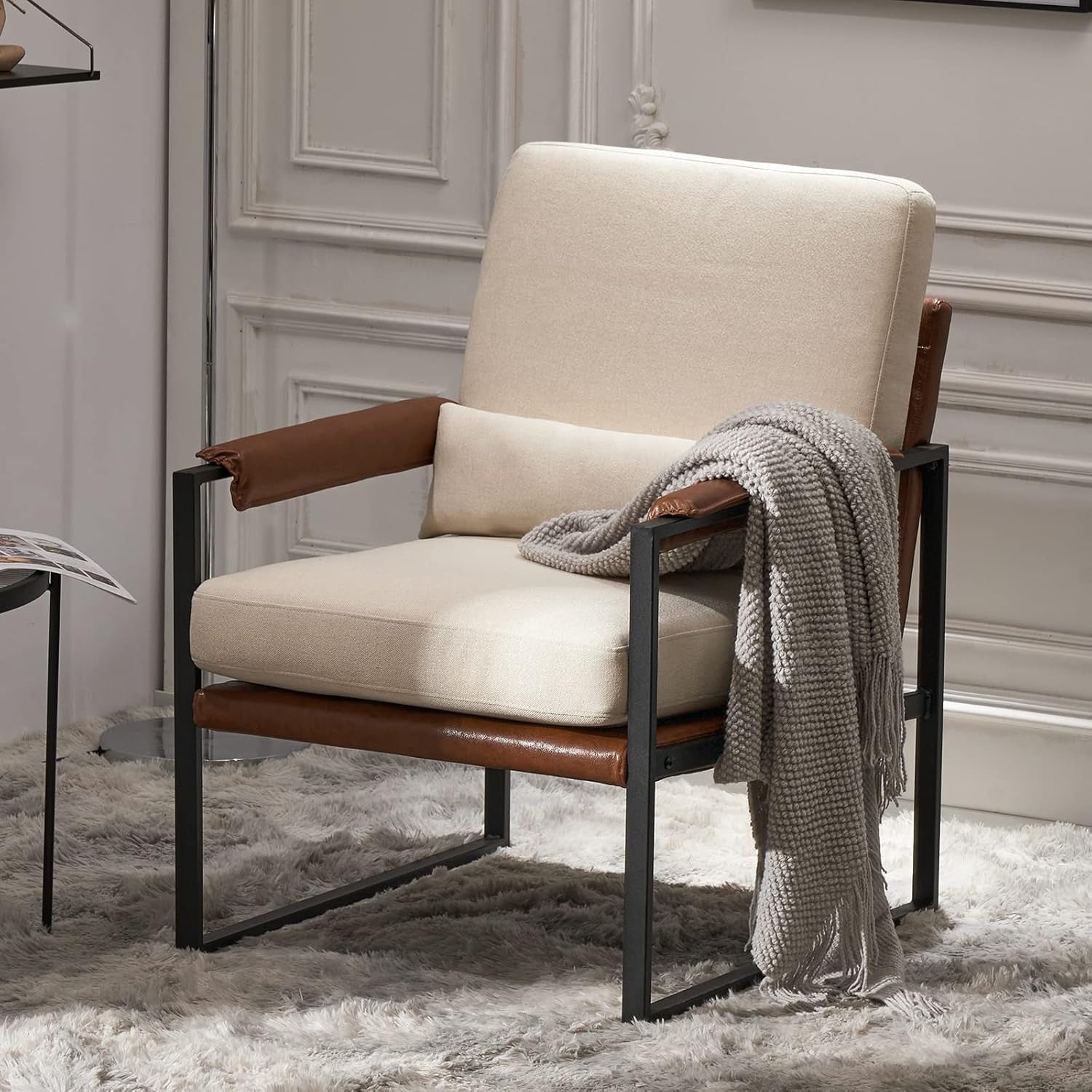 Modern Accent Armchair Beige Metal Frame Lounge Chair Cushion Seat