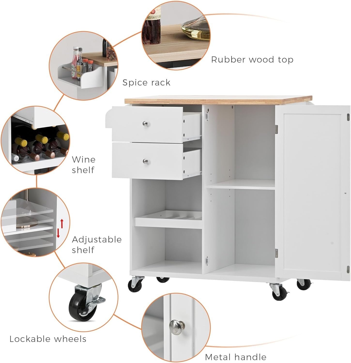 Rolling Kitchen Island Cart with Storage Drawers, Rubber Wood Top & Towel Rack