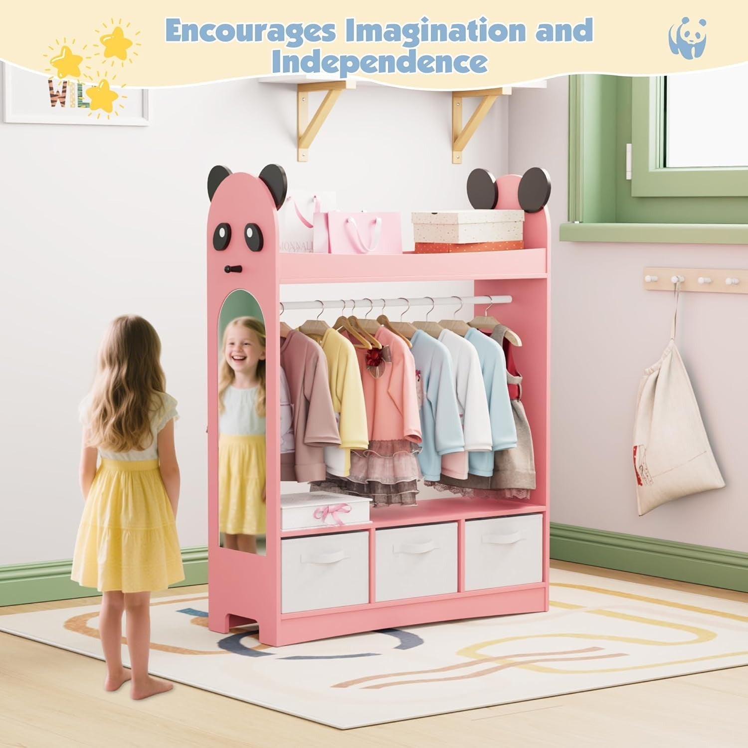Kids Wardrobe with Mirror & 3 Drawers, Pink Panda Design, Storage & Hanging Rail