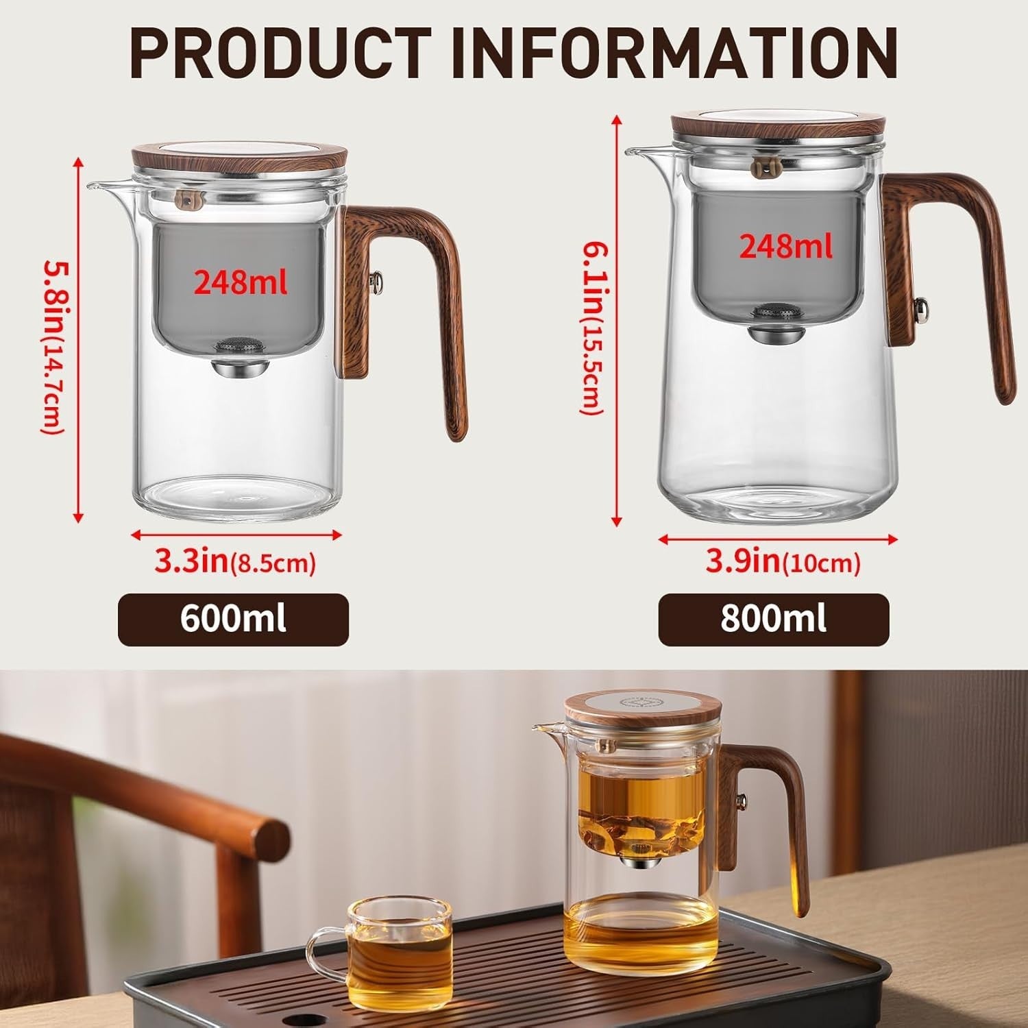 Glass Teapot with Infuser 800ml Tea Water Separation Tea Coffee Pot