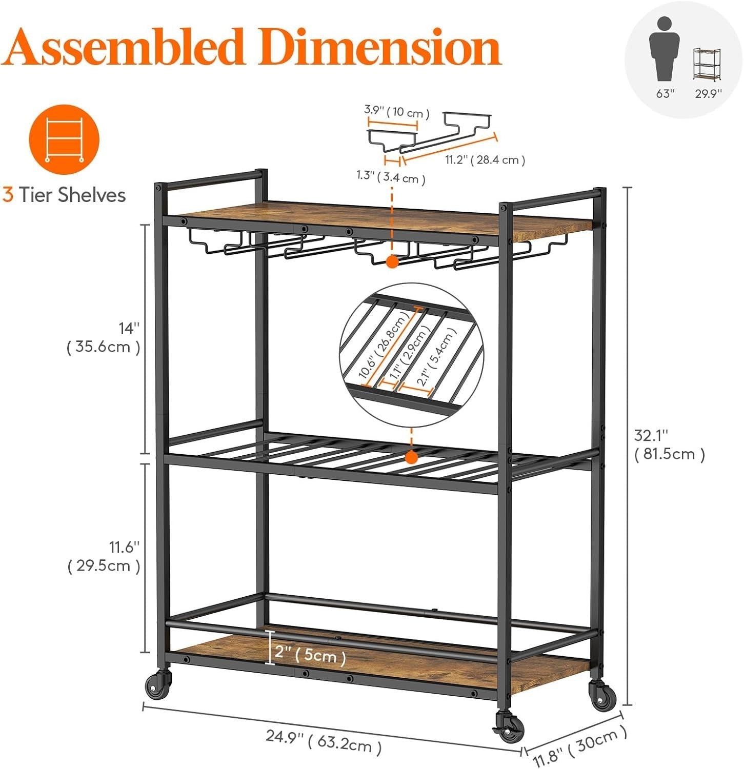 3 Tier Bar Cart with Wine Rack & Glass Holder, Lockable Wheels, Rustic Wood