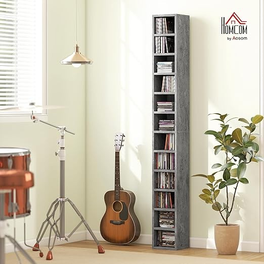 Tall CD Storage Tower 12-Cube Bookcase Slim Shelf Unit 175cm Modern Grey