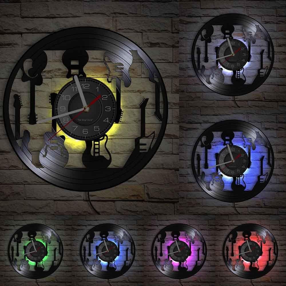 LED Guitar Pattern Vinyl Wall Clock Music Decor Silent 30cm Night Light Gift