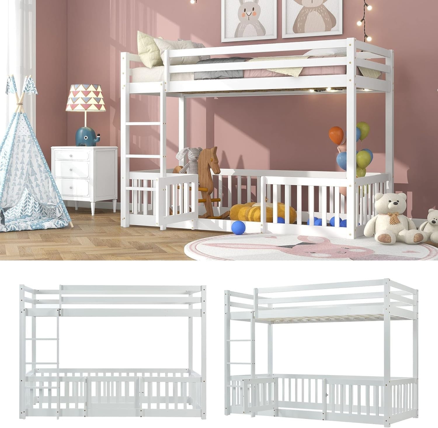 3FT Kids Bunk Bed with Fences & Door, Solid Pine Wood, Safe Play Area.