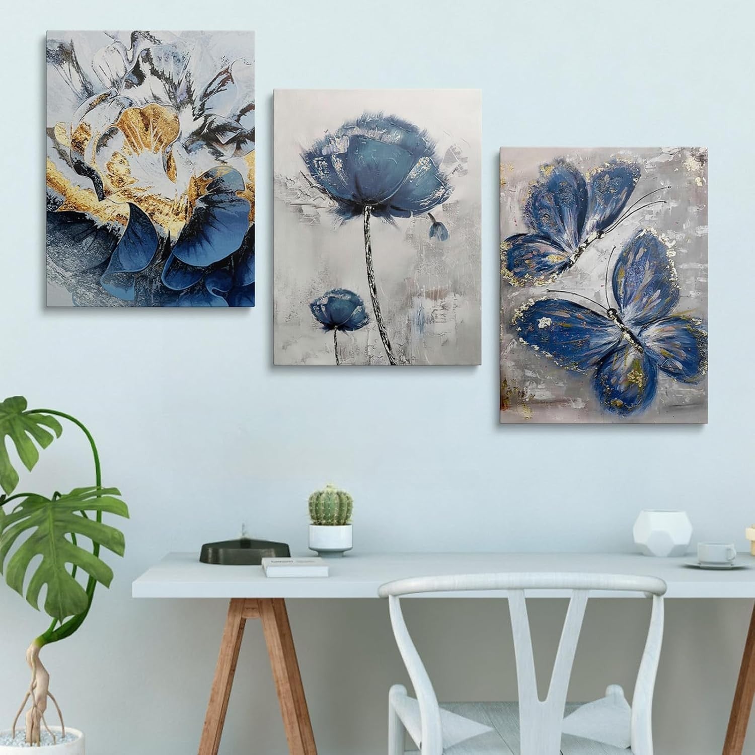 Blue Butterfly Wall Art Set of 3 Framed Canvas 12x16in