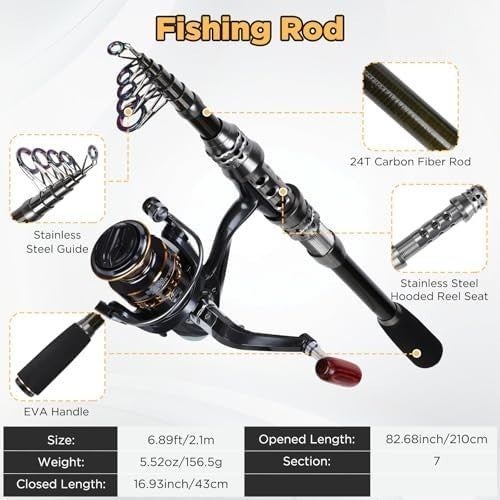 2.1M Telescopic Carbon Fiber Fishing Rod & Spinning Reel Combo Kit