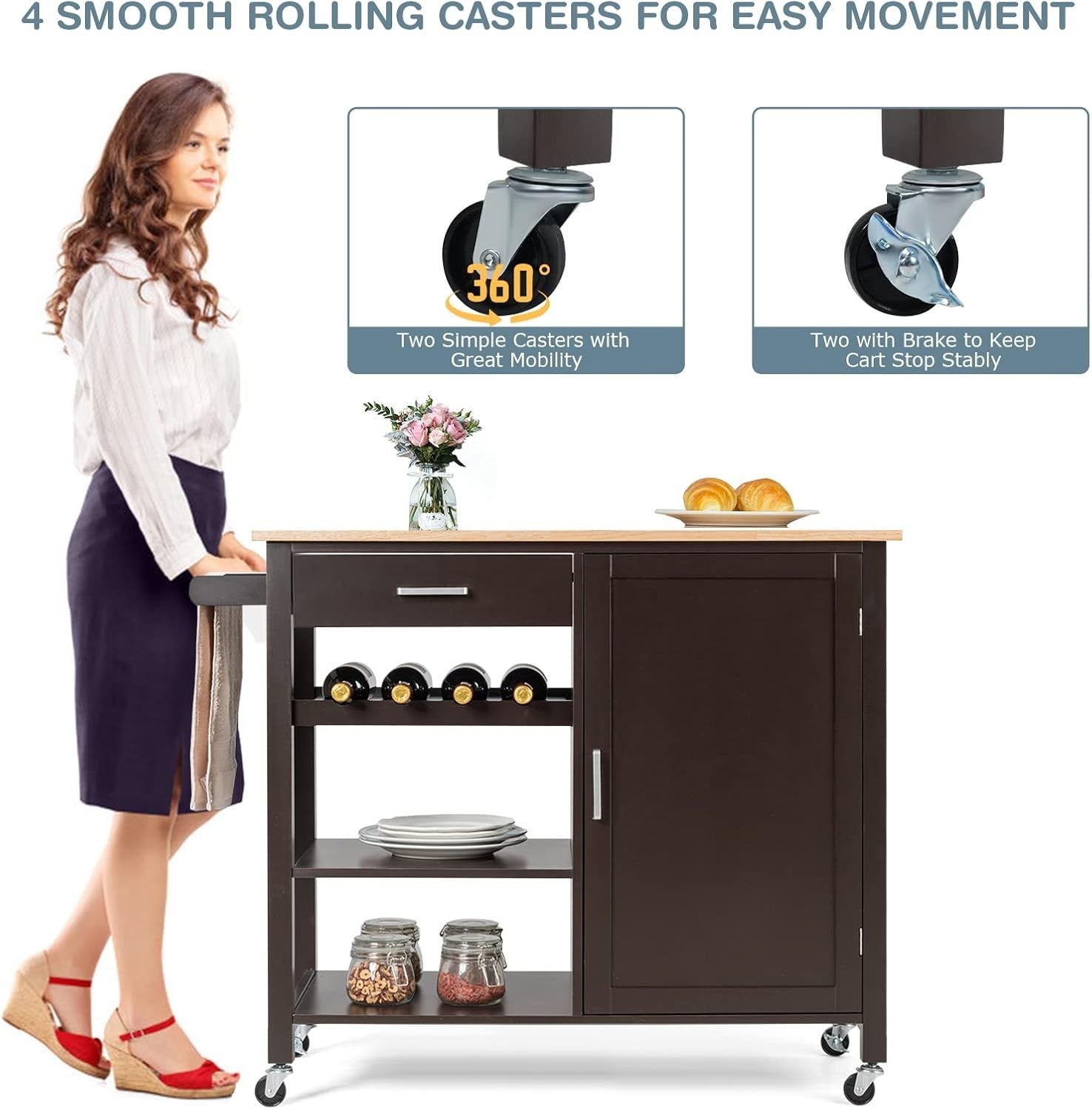 Rolling Kitchen Island Cart with Wine Rack Adjustable Shelf Oak Wood Top