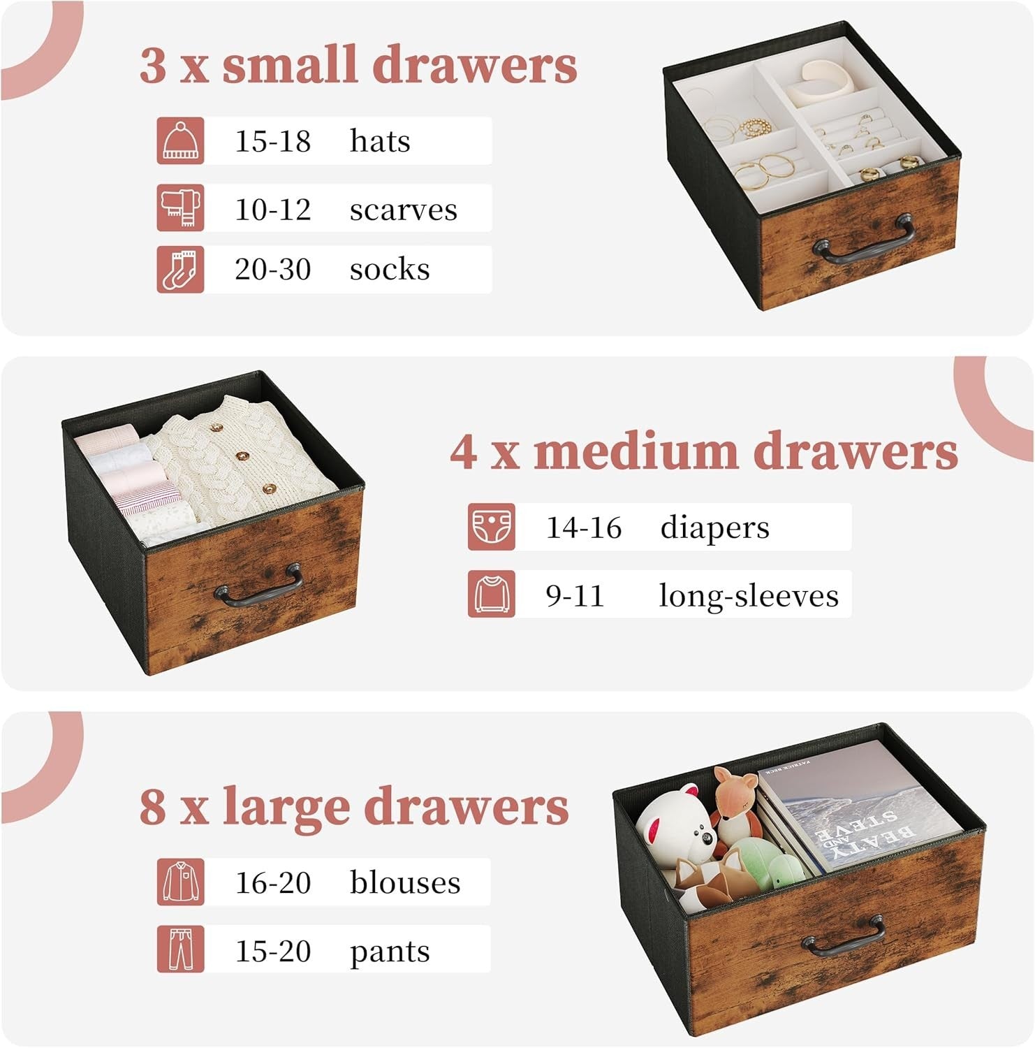 15 Drawer Fabric Chest Dresser Wood Top Tall Storage Unit Rustic Brown