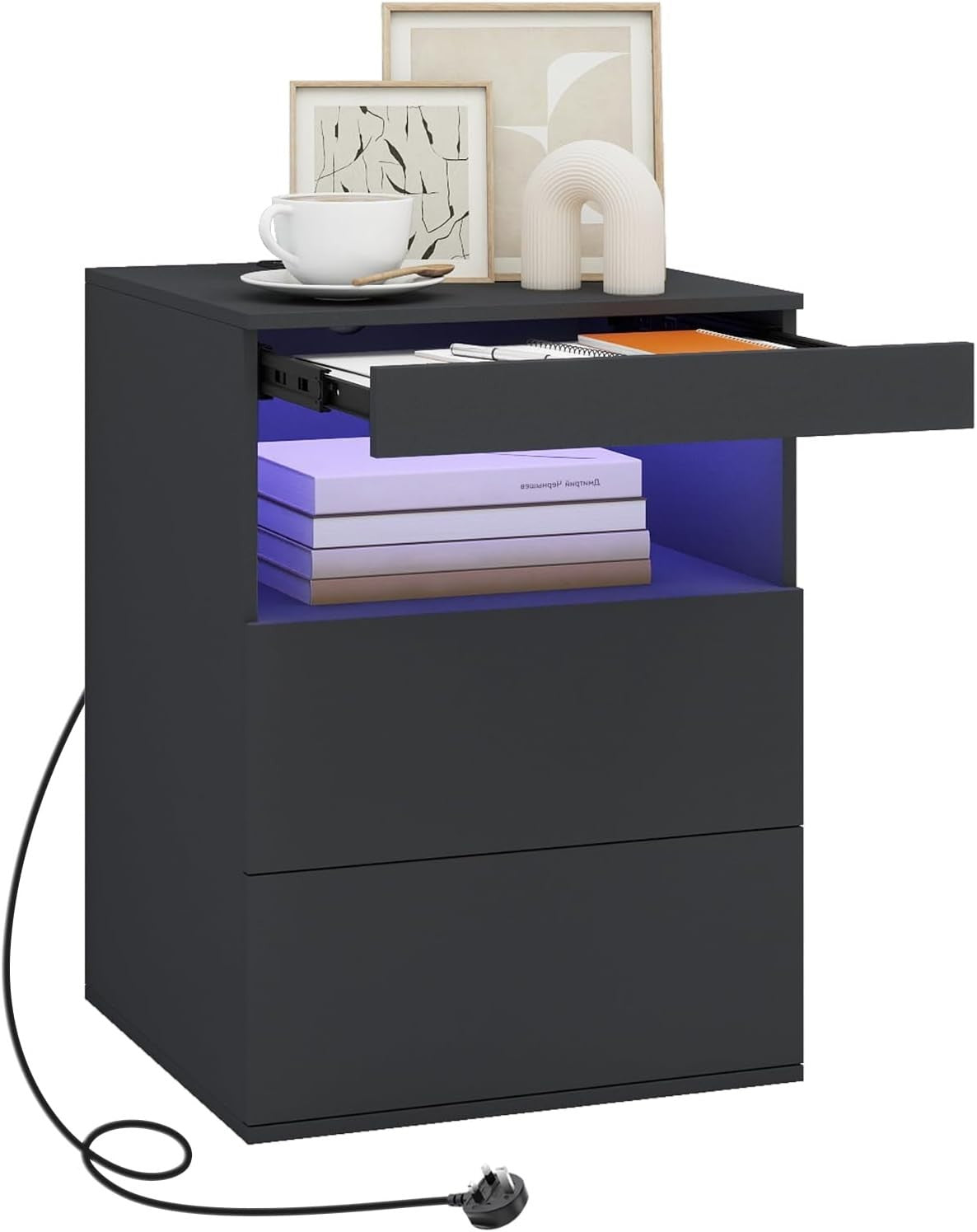 Modern Black LED Bedside Table with Drawers & USB Charging Station