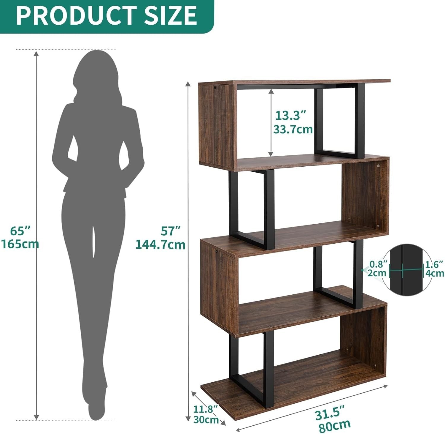 5 Tier S Shaped Bookcase Brown Metal Frame Modern Freestanding Display Shelf