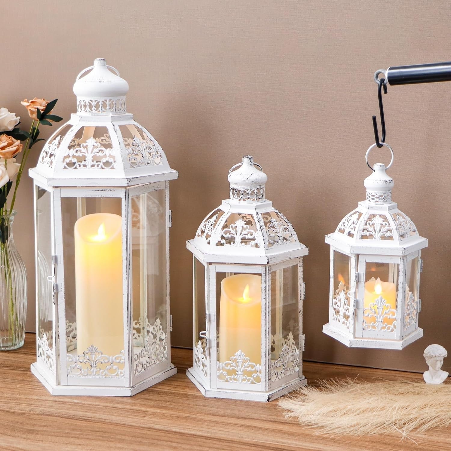 3-Pack White Grey Vintage Metal Candle Lanterns