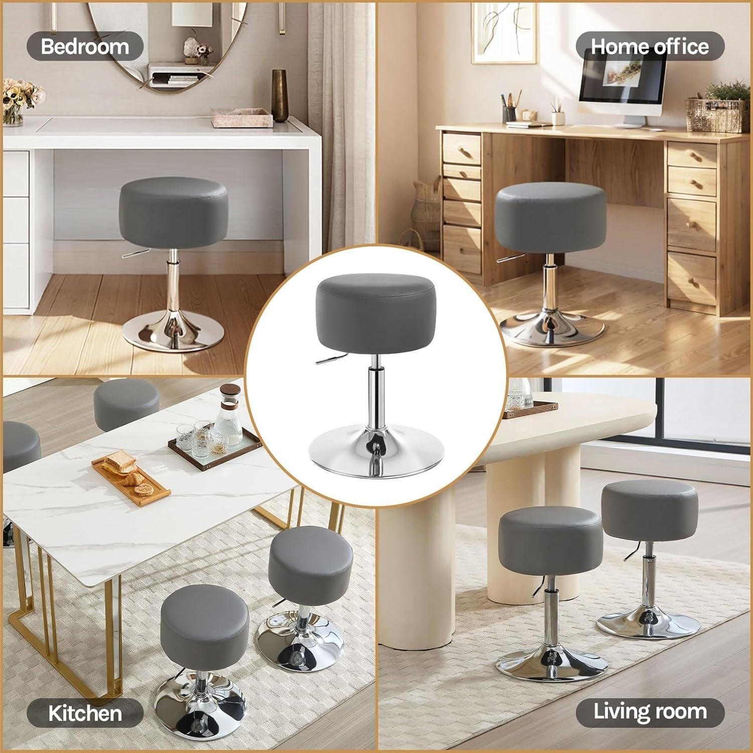 Set of 2 Grey Faux Leather Swivel Bar Stools Height Adjustable Counter Seats