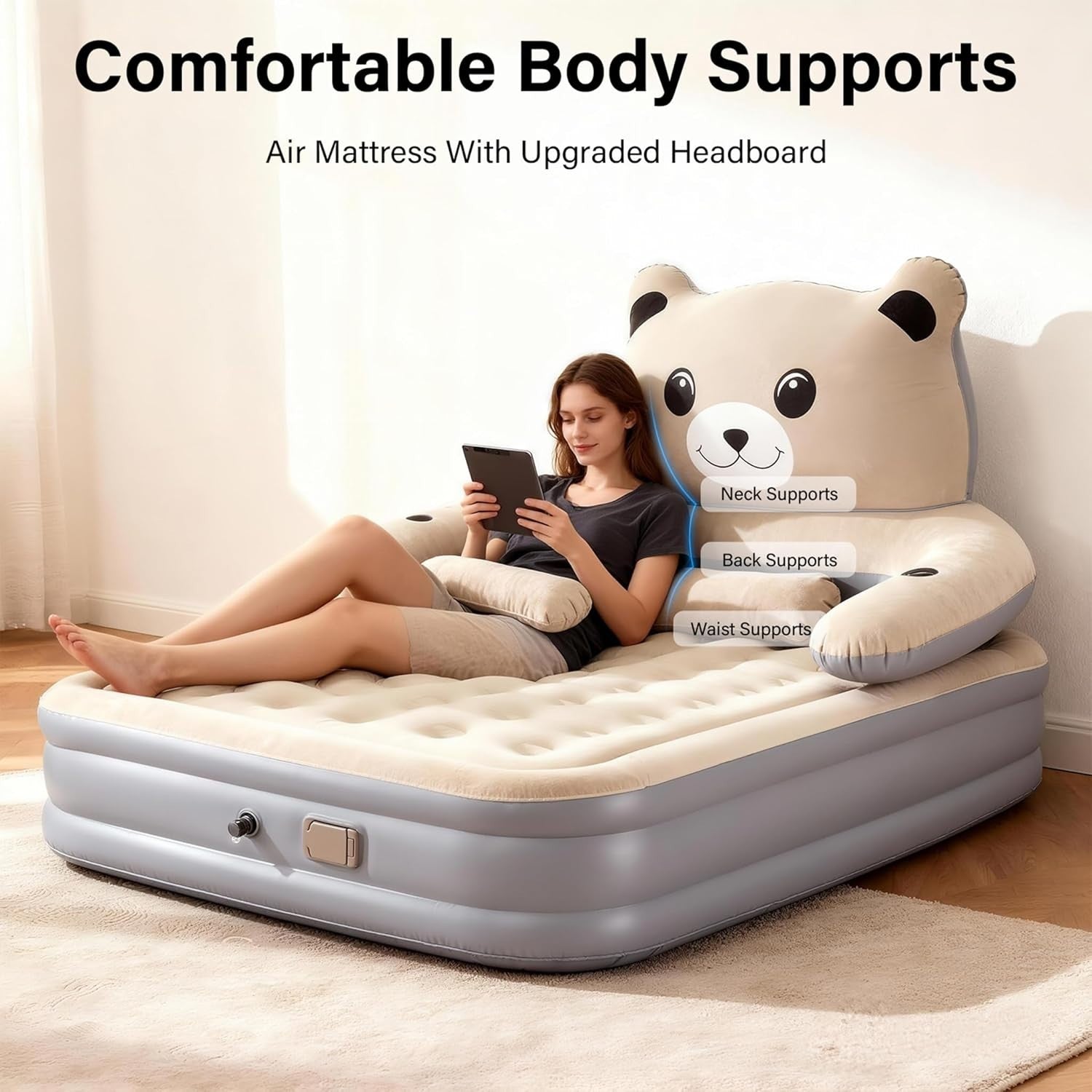 Double Inflatable Air Mattress with Electric Pump, Headboard & Cup Holder