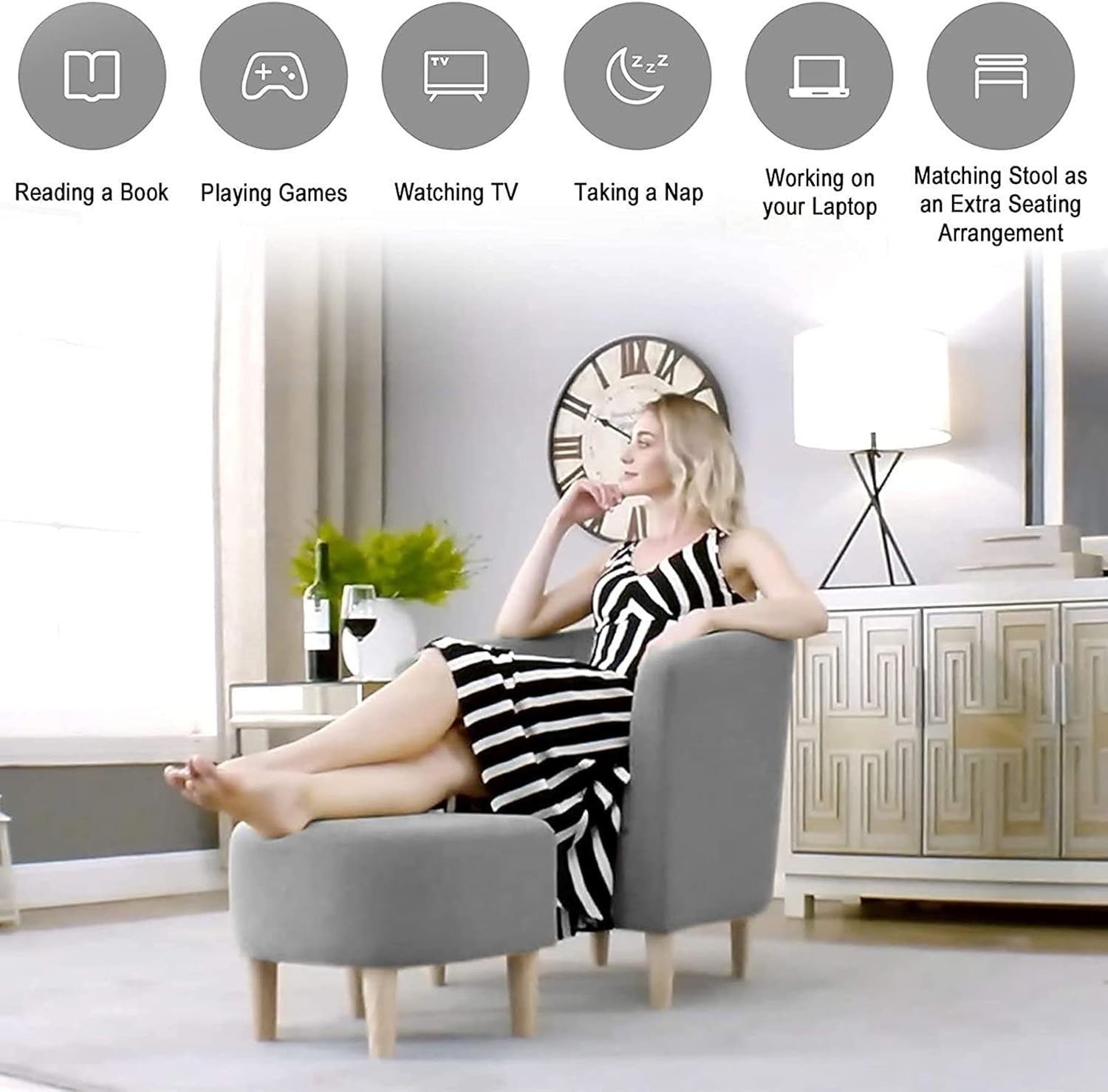 Grey Tub Armchair with Footstool Linen Lounge Chair for Bedroom Sofa