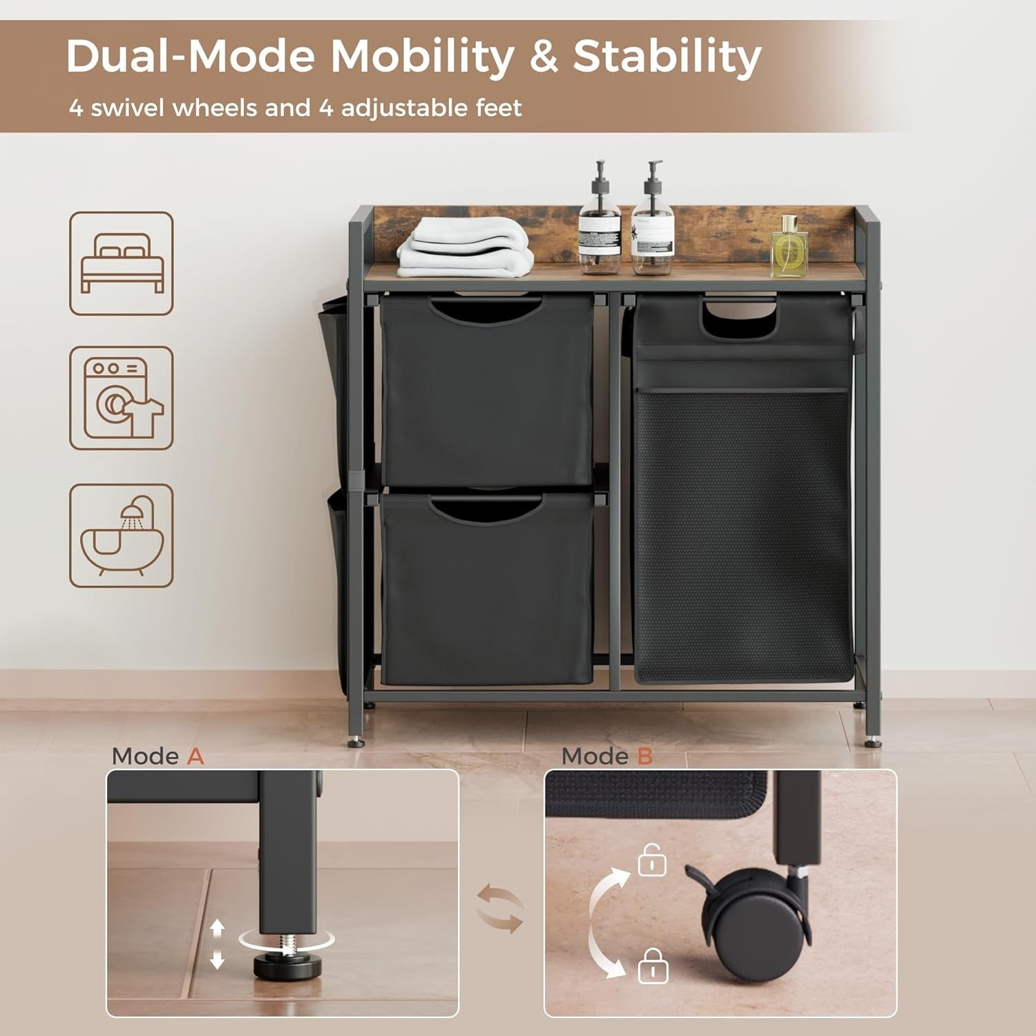 100L 3-Compartment Laundry Hamper with Wheels Rustic Top Removable Bags
