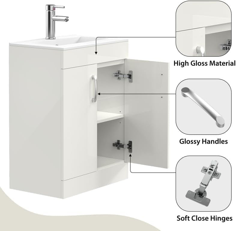 600mm White Bathroom Vanity Unit with Basin Floor Standing Sink Storage Cabinet