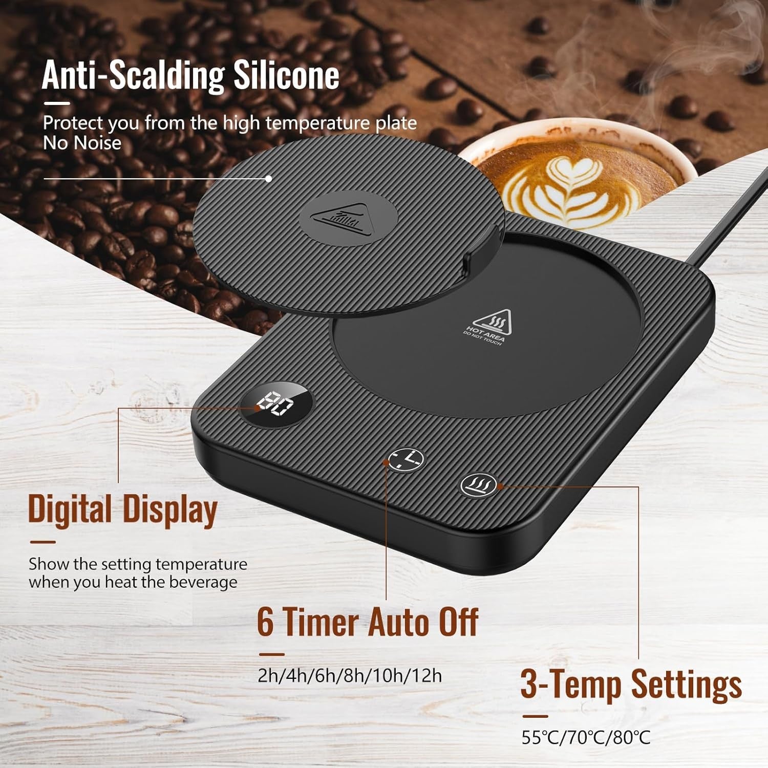 Coffee Mug Warmer 3 Temp Auto Shut Off Anti-Scald Desk