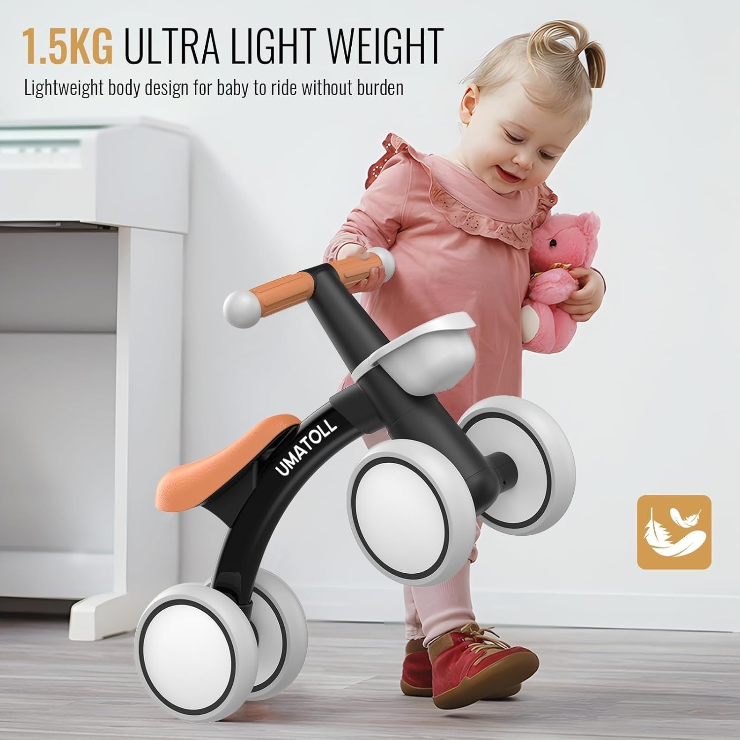 Toddler Balance Bike 12-24 Months Adjustable Seat 4 Wheel Black