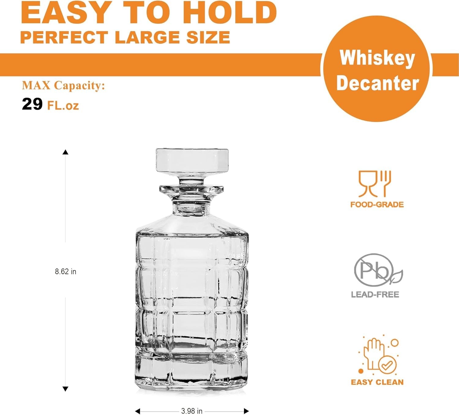 Square Whiskey Decanter 29oz Premium Glass Liquor Bottle with Stopper Gift