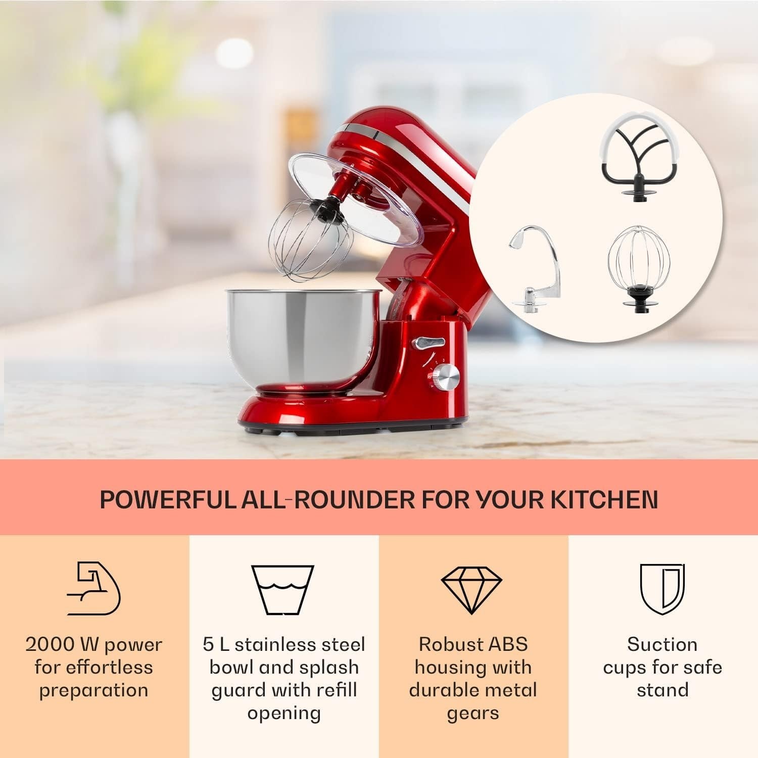 5L Stand Mixer 1800W 6-Speed Planetary Mixing Red Stainless Steel Bowl