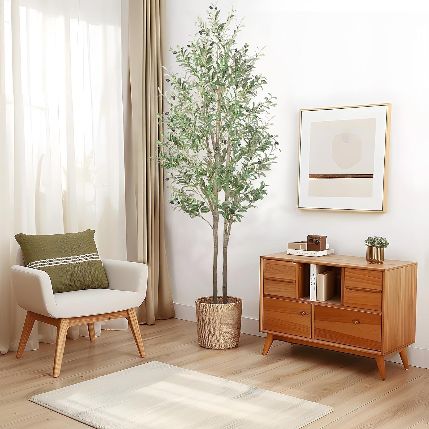 7ft Artificial Olive Tree Tall Faux Plant With Fruits Natural Trunk Indoor Decor