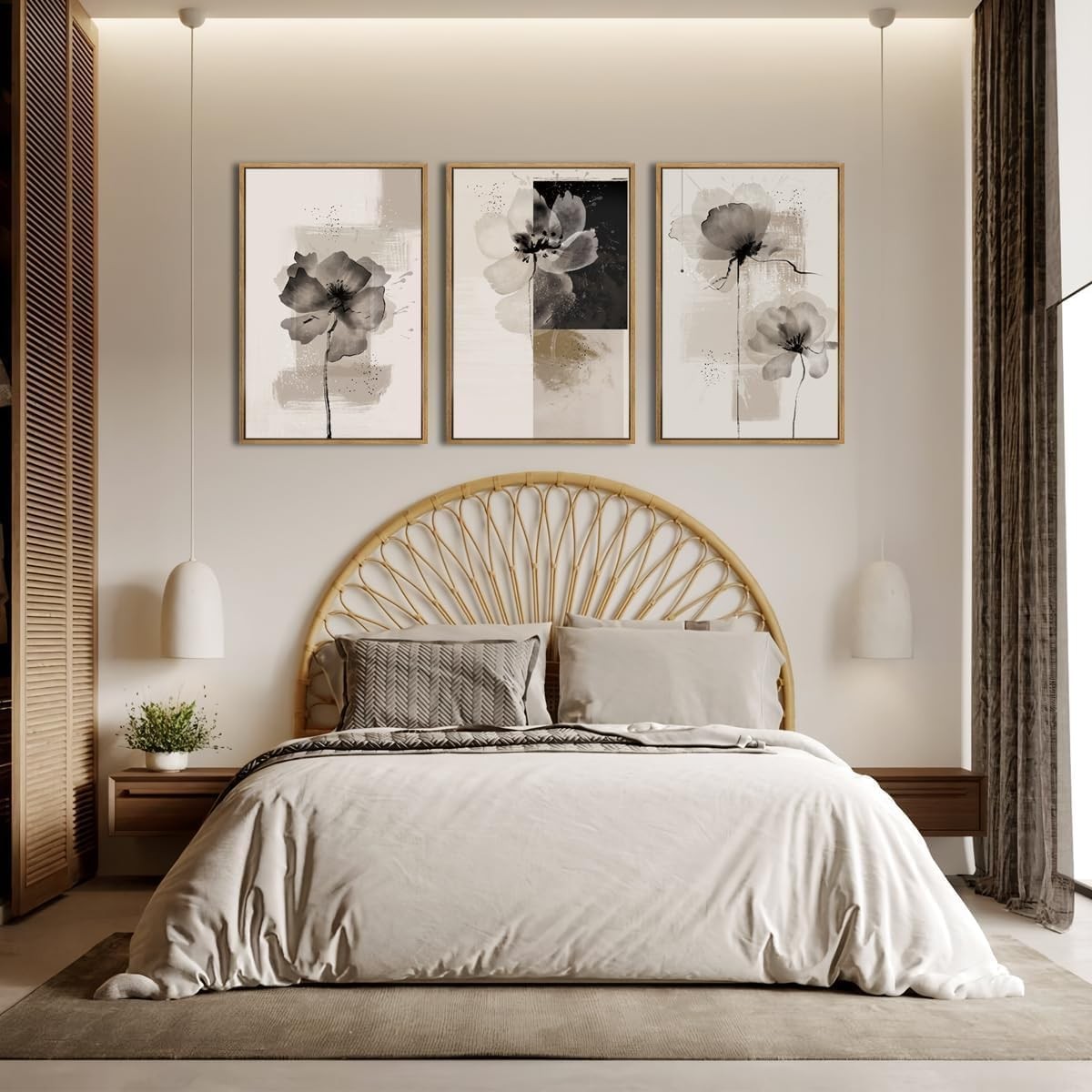 Abstract Neutral Floral Wall Art Set of 3 Framed 30x40cm