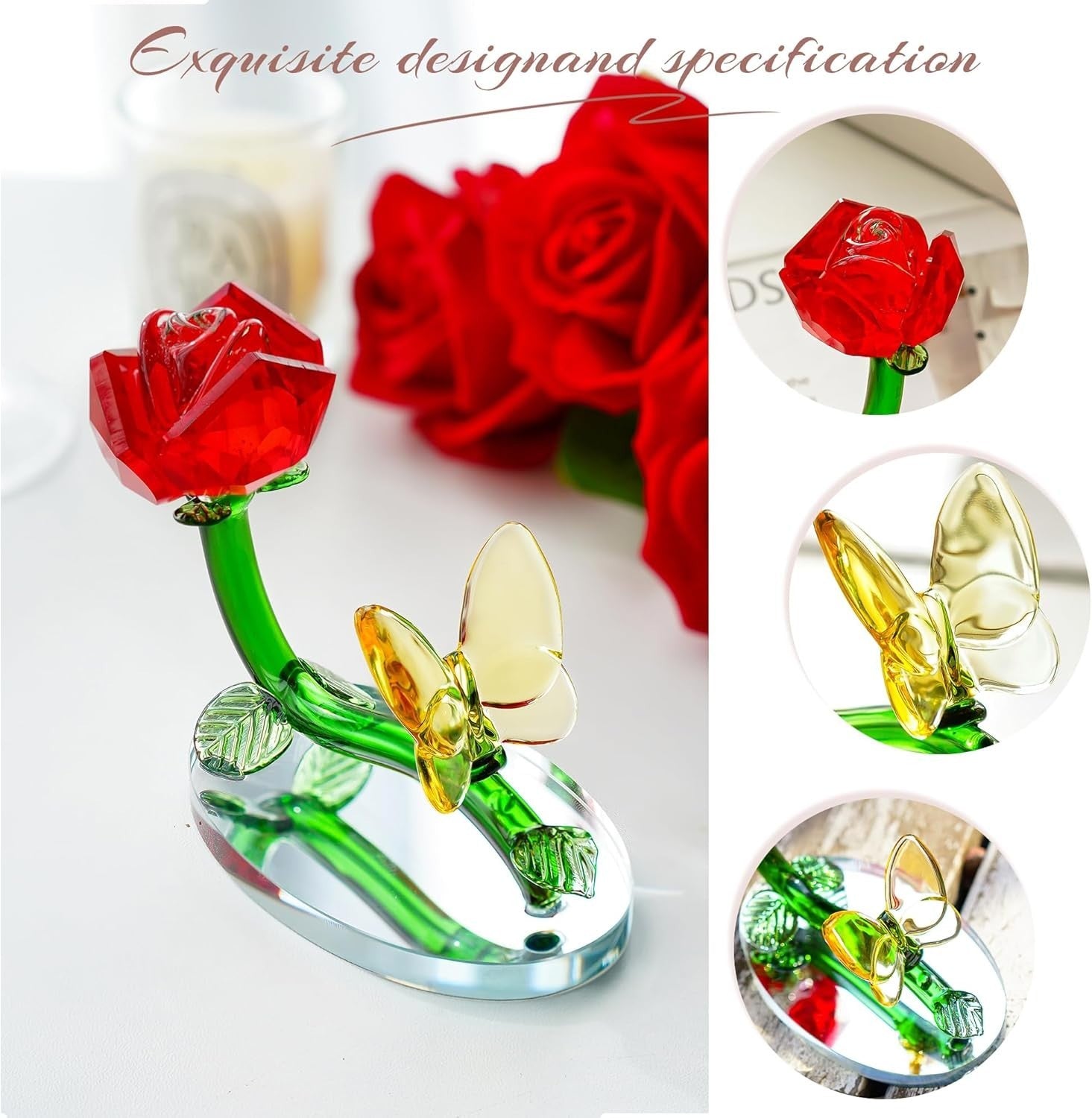 Crystal Red Rose Ornament with Butterfly • Glass Flower Gift • Romantic Decor