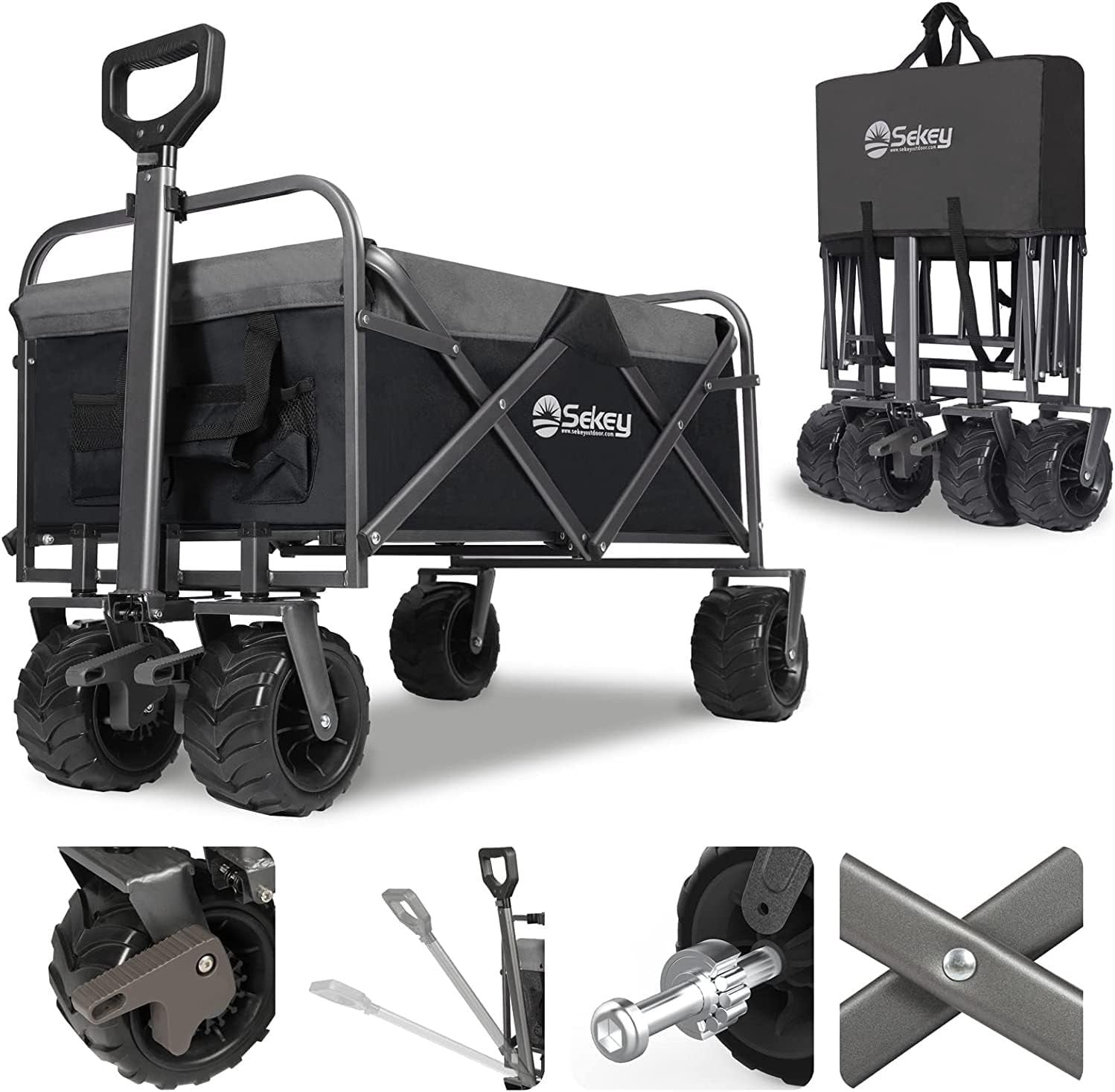 Black/Grey Heavy Duty Folding Wagon 440lb Trolley Cart w/ Wide Wheels & Brake