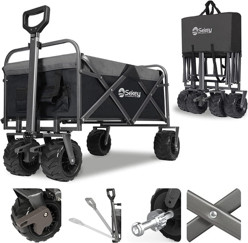 Black/Grey Heavy Duty Folding Wagon 440lb Trolley Cart w/ Wide Wheels & Brake