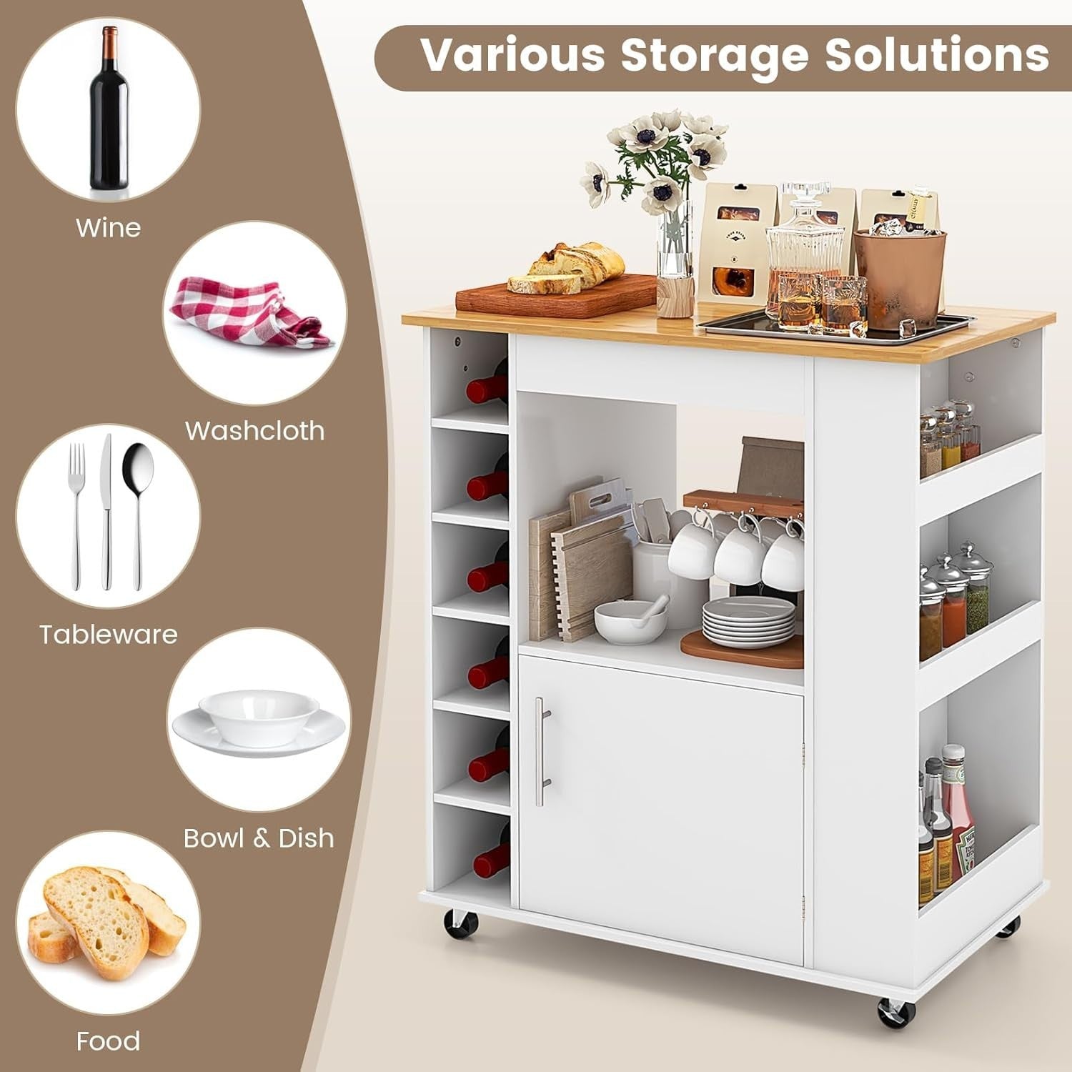 Kitchen Island Trolley on Wheels Bamboo Top Wine Rack