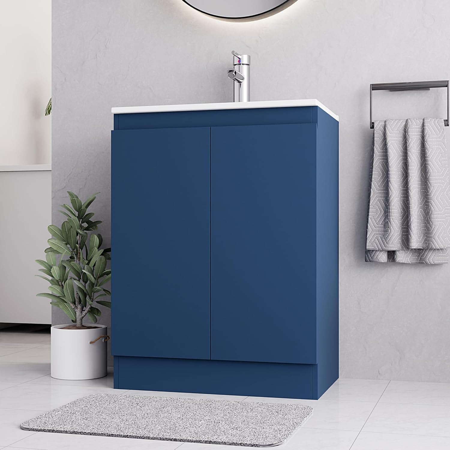 Blue 600mm Under Sink Bathroom Vanity Unit with Basin Trap Waste Cupboard