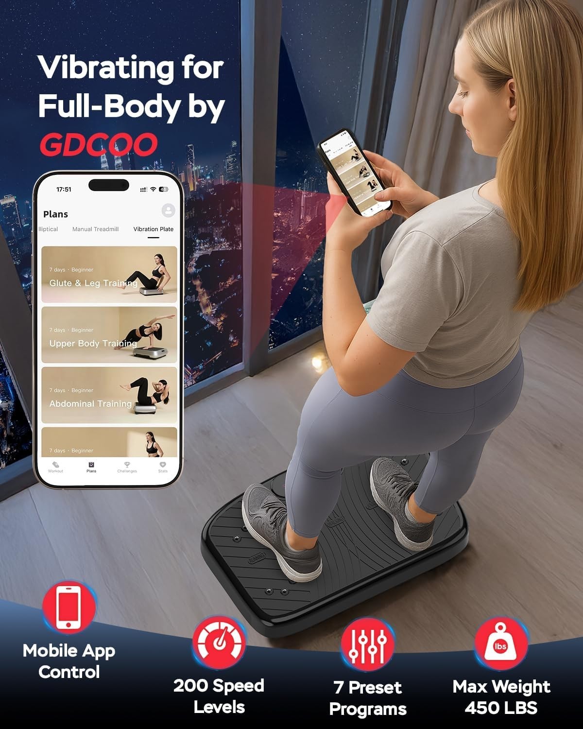 Black App-Controlled Vibration Plate Exercise Machine 200 Speeds 450lb