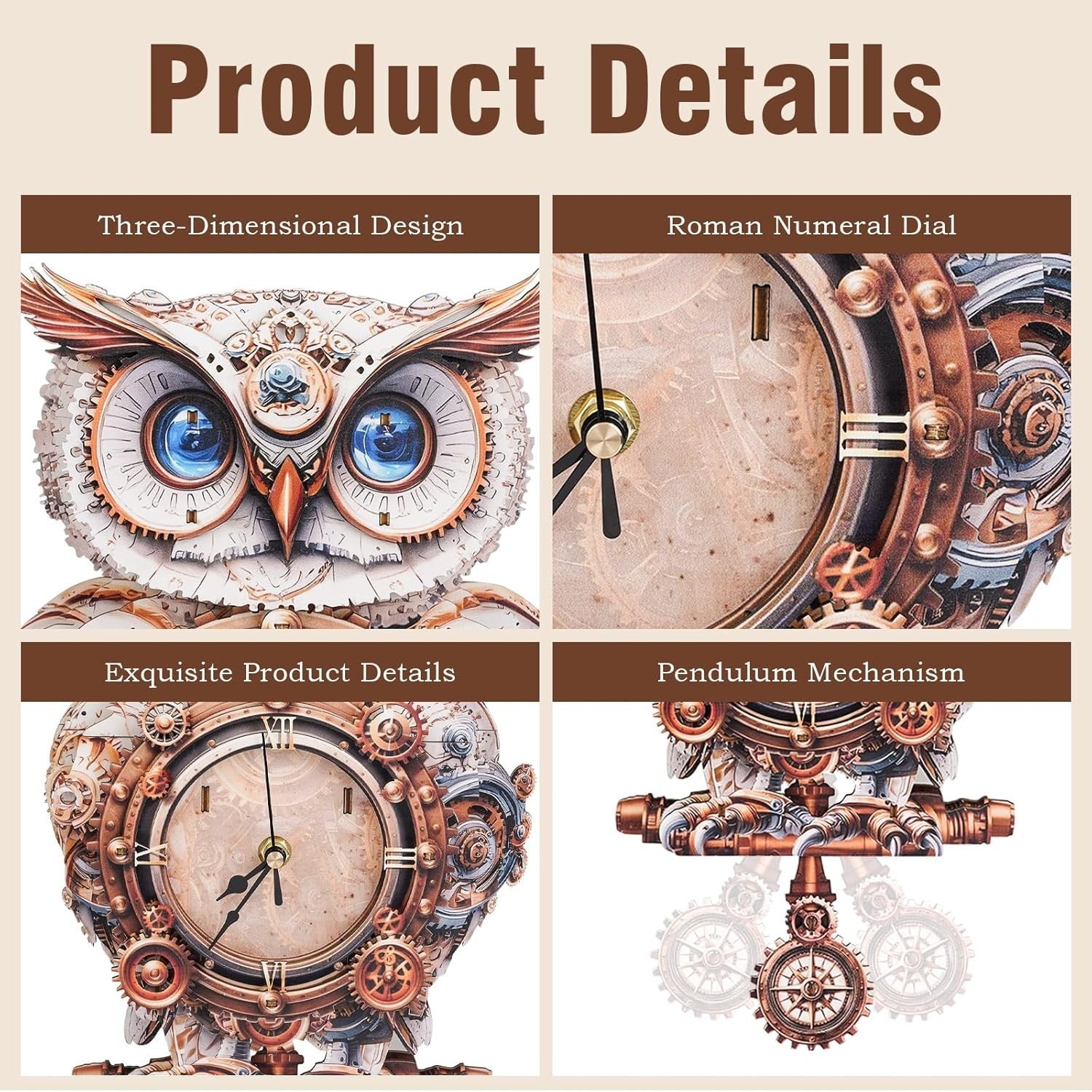 3D Mechanical Owl Wooden Puzzle Clock DIY Kit with Pendulum 215x66x401mm