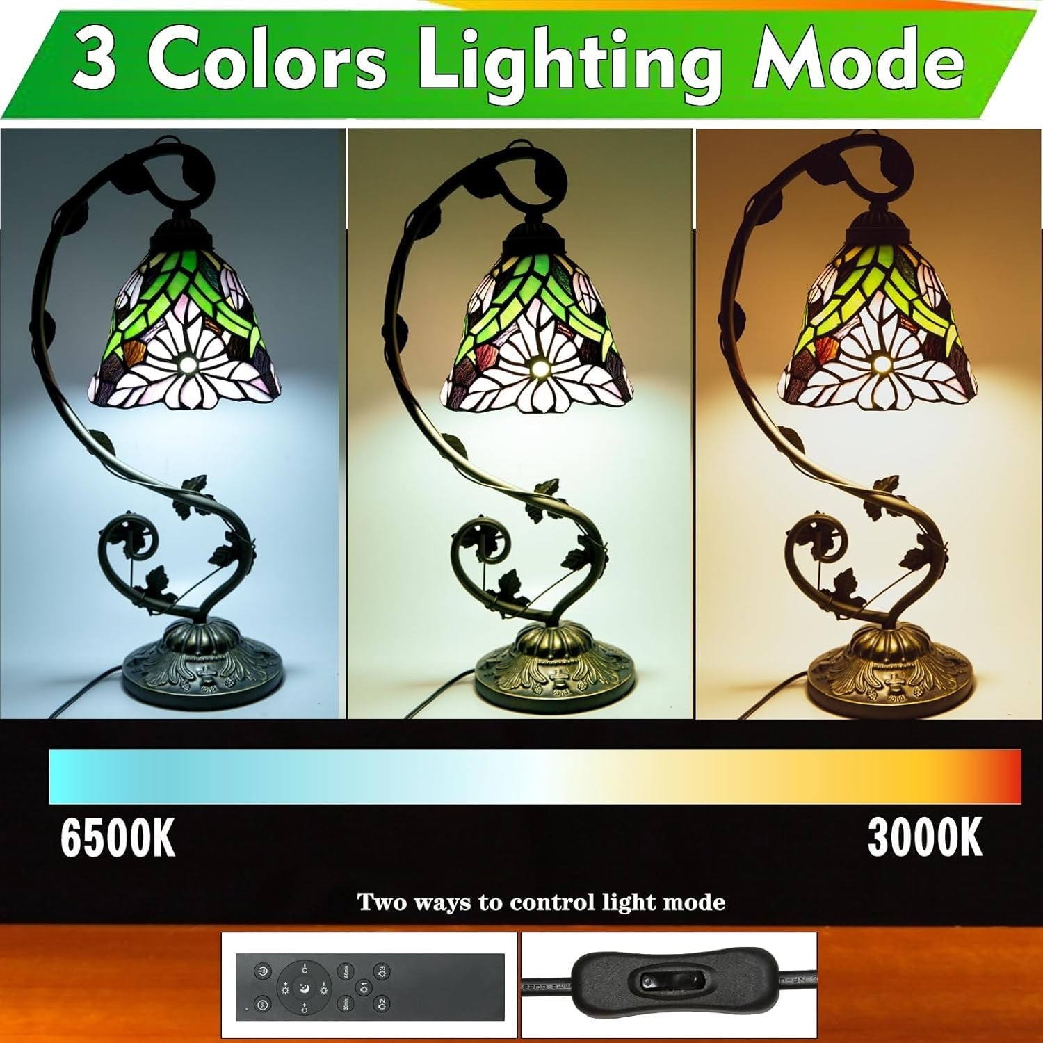 Stained Glass Table Lamp Remote Dimmable Color Temp 28x20x52cm