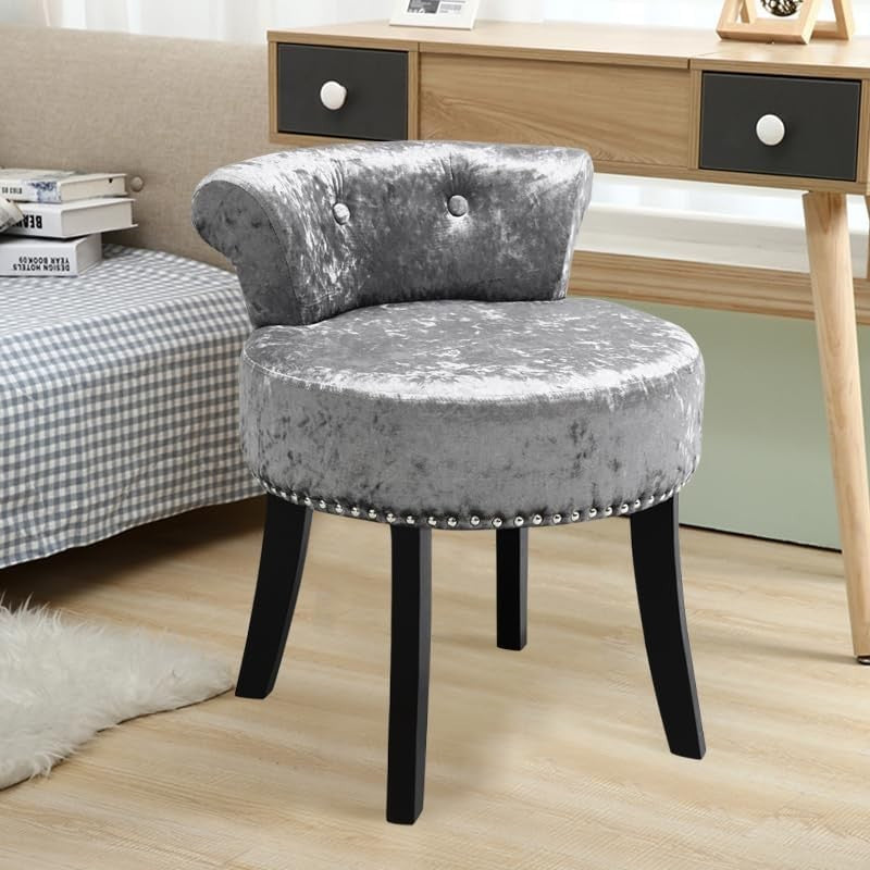 Silver Grey Velvet Vanity Stool with Tufted Back & Solid Wood Legs