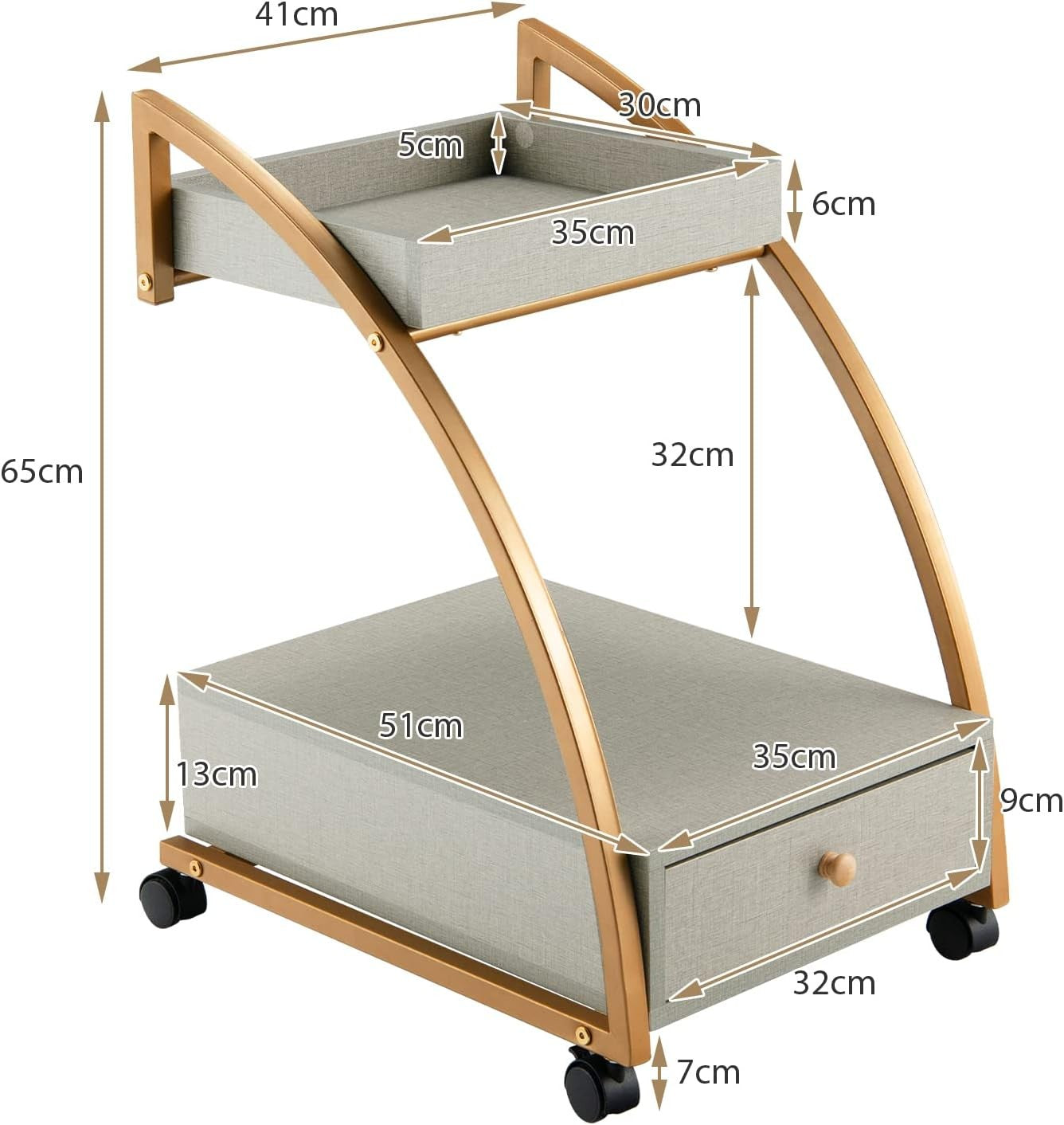 Rolling Sofa Side Table with Tray & Drawer | Mobile Bedside Cart on Wheels Gold