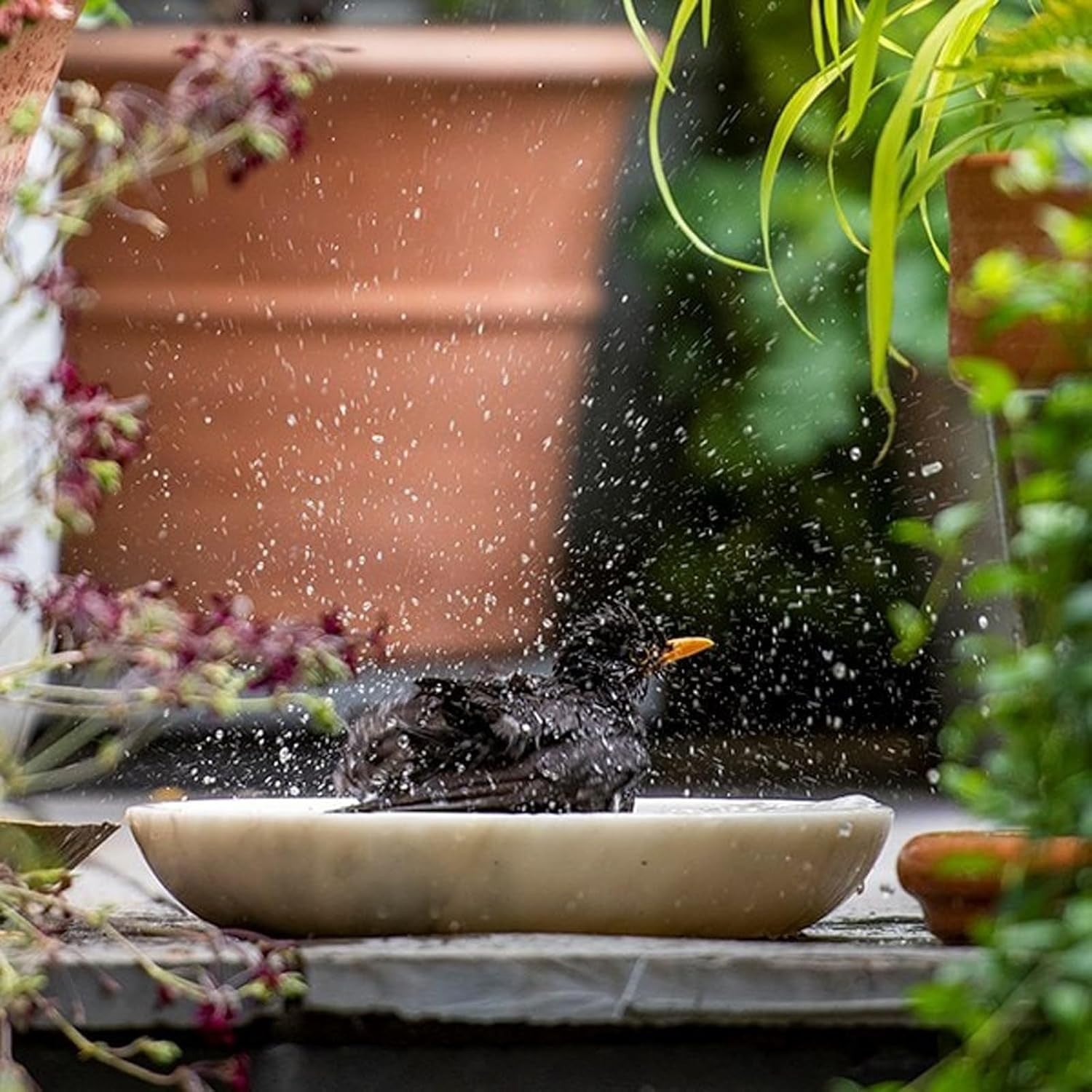 30cm White Marble Bird Bath Bowl – Garden Wildlife Oasis for Birds & Bees
